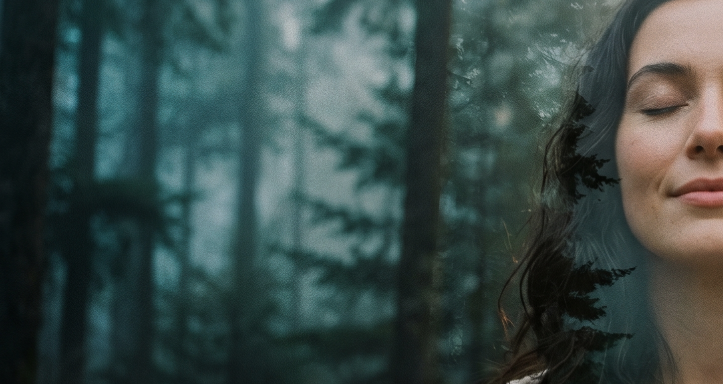 A double exposure portrait of a woman with closed eyes blended with a misty dark green forest of tall trees.
